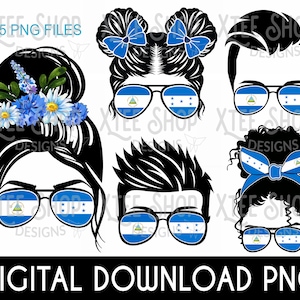 Honduras and Nicaragua family design PNG digital bundle, messy hair girl png, Honduras flag designs Nicaragua flag designs for sublimation