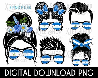 Honduras and Nicaragua family design PNG digital bundle, messy hair girl png, Honduras flag designs Nicaragua flag designs for sublimation