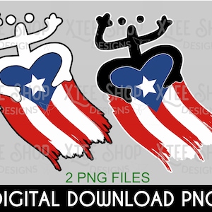 May include: Two digital download PNG files of a stylized cartoon figure with a heart-shaped Puerto Rican flag. The figure is shown in both black and white.