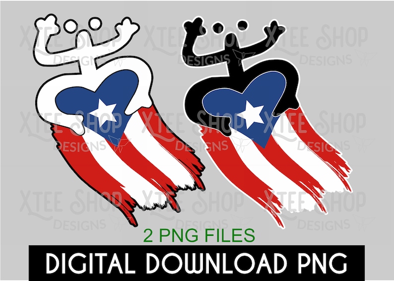May include: Two digital download PNG files of a stylized cartoon figure with a heart-shaped Puerto Rican flag. The figure is shown in both black and white.