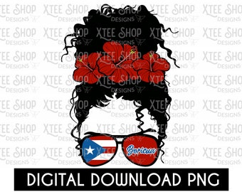 File digitale PNG di ragazza Boricua con fiore di amapola e capelli spettinati, bandiera di Porto Rico PNG, Boricua PNG per trasferimenti, htv o stampa a sublimazione