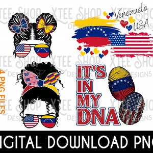 Ensemble de fichiers numériques PNG du Venezuela américain, fichier png du drapeau du Venezuela et du drapeau des Etats-Unis, c'est dans mon ADN png, fichiers numériques maman et fille chignon désordonné