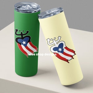 May include: Two stainless steel tumblers with lids. One is green with a black and white coqui frog on a Puerto Rican flag. The other is yellow with a white coqui frog on a Puerto Rican flag.