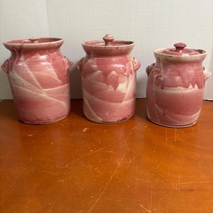 Vintage Seagrove N.C. | Old House Pottery | Pink and White Cannisters | Signed Fred Beane
