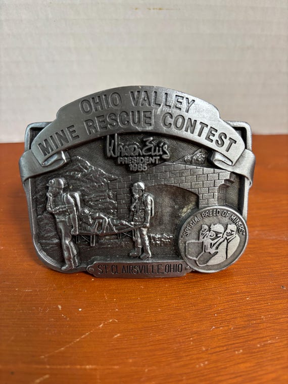 Ohio Valley Mine Rescue Contest Belt Buckle, Warren Ellis President 1985, Silver Tone Metal