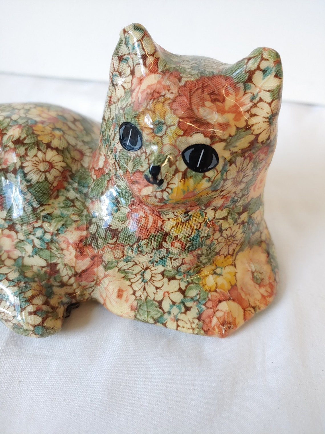 Vintage Floral Decoupage Cat Figurine Fabric Lacquered Etsy