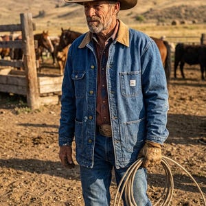May include: A man in a brown cowboy hat, denim jacket, and jeans stands in a field, holding a rope. The jacket has a corduroy collar and the man wears a belt with a decorative buckle. Horses and cattle are in the background.