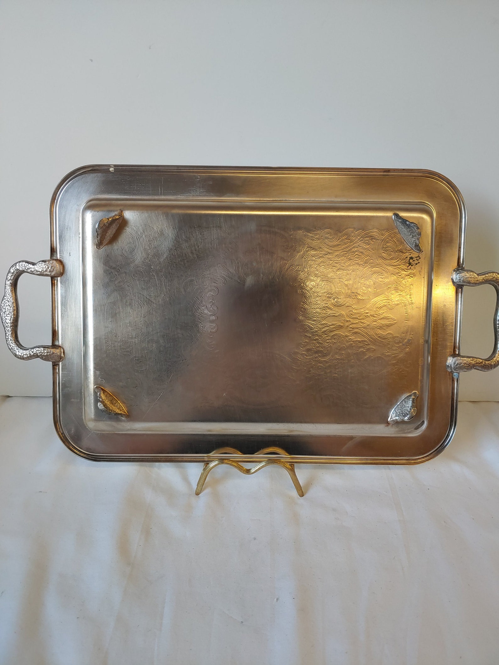 Vintage Silverplate Rectangle Footed Serving Tray With Handles Etsy