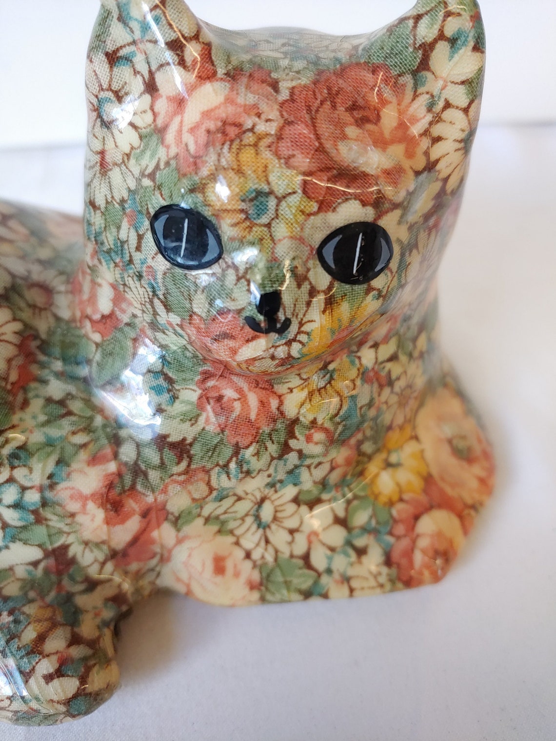 Vintage Floral Decoupage Cat Figurine Fabric Lacquered Etsy