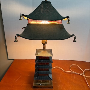 5 Tier Metal Pagoda Lamp Japanese Green Fabric Shade | Internal Light |Music Box | All original and working | 1940s - 1950s
