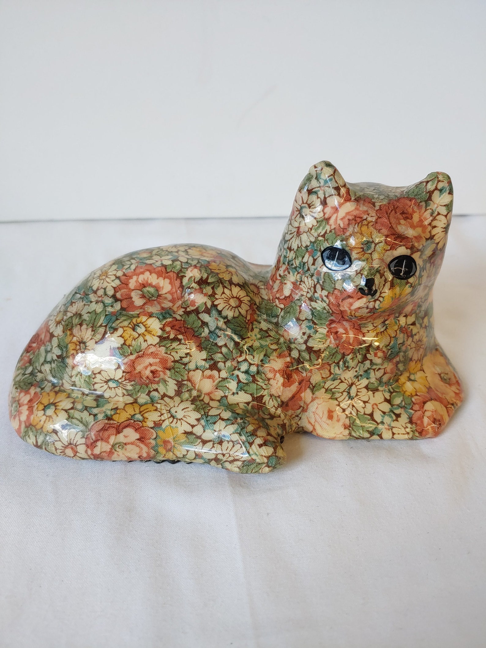 Vintage Floral Decoupage Cat Figurine Fabric Lacquered Etsy