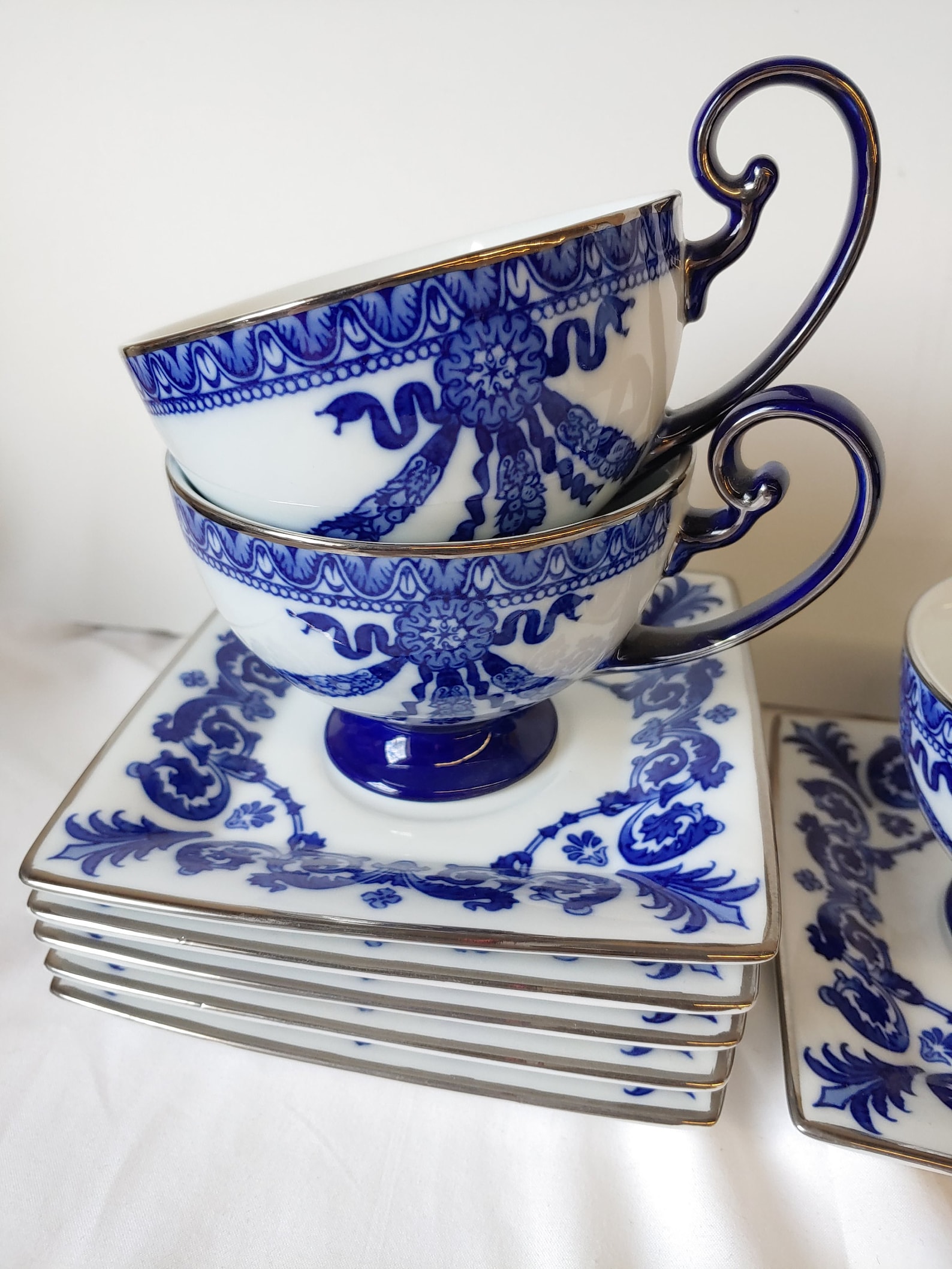 Bombay Company BLUE AND WHITE Footed Cups/Mugs And Saucers Set Etsy