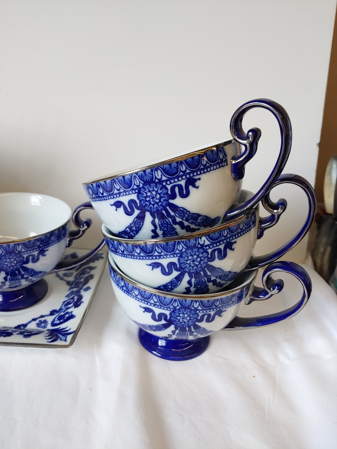 Bombay Company BLUE AND WHITE Footed Cups/Mugs And Saucers Set Etsy