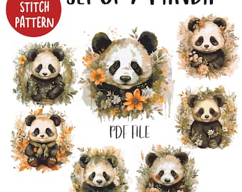 Set of 7 Pandas, Cute Panda Cross Stitch, Large Cross Stitch, Full Coverage Cross, Modern Embroidery Scheme, Room Decor,Instant PDF Download