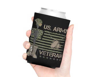 May include: Black can cooler with a US Army Veteran design. The design includes a rifle, helmet, boots, dog tags, and an American flag. The text "US ARMY VETERAN" is printed on the cooler.