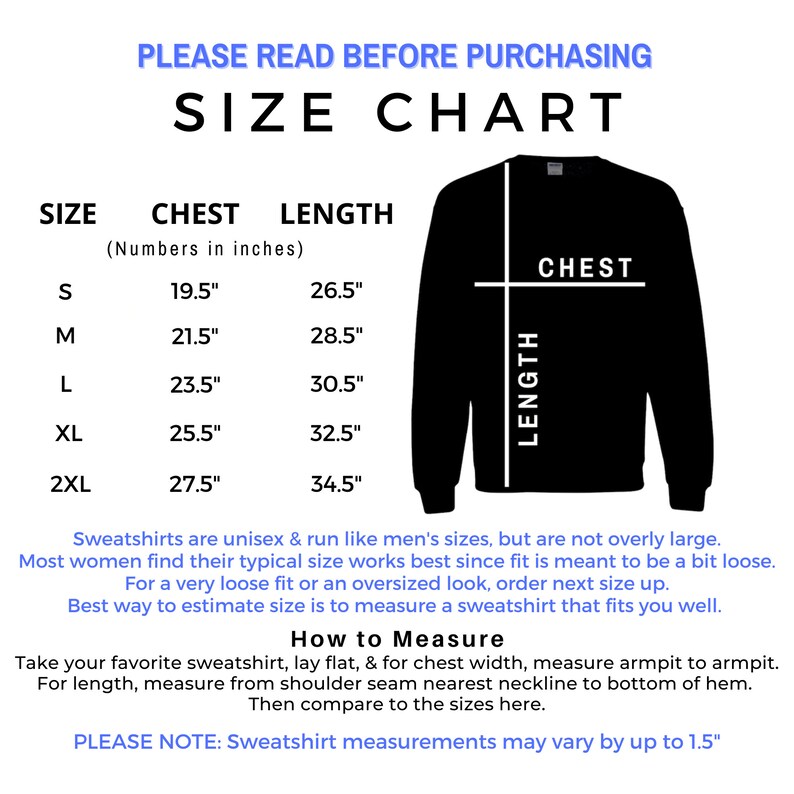 Peut inclure: Tableau des tailles pour sweat-shirts avec des mesures en pouces pour la poitrine et la longueur. Le tableau comprend les tailles S, M, L, XL et 2XL. Le tableau comprend &eacute;galement une illustration en noir et blanc d'un sweat-shirt avec les mots "Poitrine" et "Longueur" indiqu&eacute;s sur l'illustration.