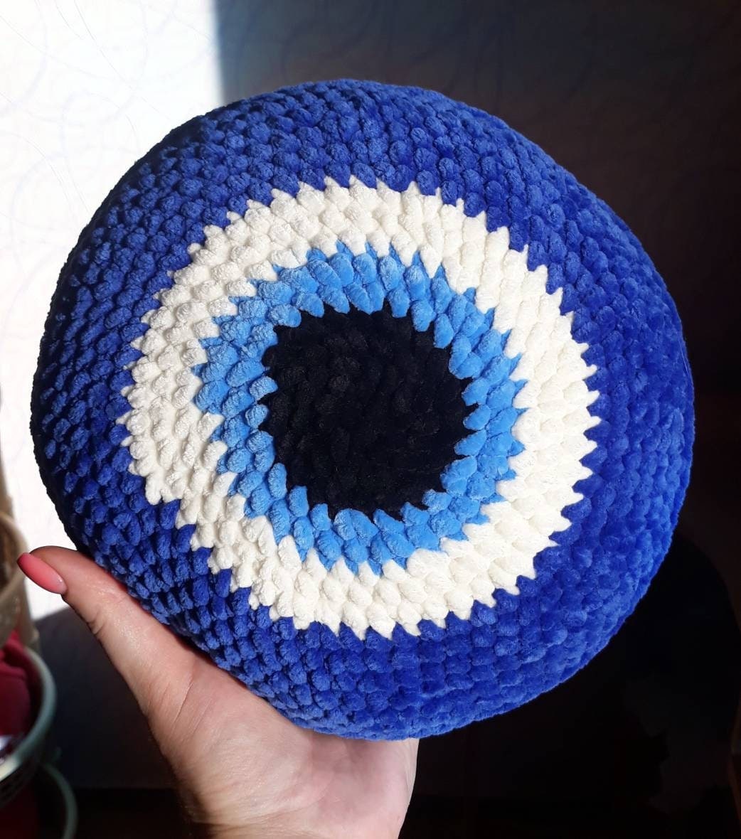 Evil Eye Crochet Pillow Nazar Knit Pillow Round Crochet Pillow