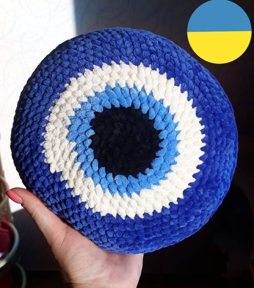 Evil Eye Crochet Pillow Nazar Knit Pillow Round Crochet Pillow