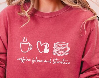 Coffee Cats and Books Long sleeve T-shirt, Comfort Colors Cozy Reading and Tea Shirt Gift for Librarians
