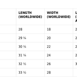 May include: Size guide for clothing with measurements in inches for both worldwide and East Asia sizing.  The table shows length and width measurements for sizes S, M, L, XL, 2XL, and 3XL.