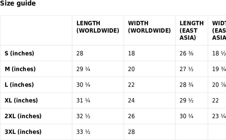 May include: Size guide for clothing with measurements in inches for both worldwide and East Asia sizing.  The table shows length and width measurements for sizes S, M, L, XL, 2XL, and 3XL.