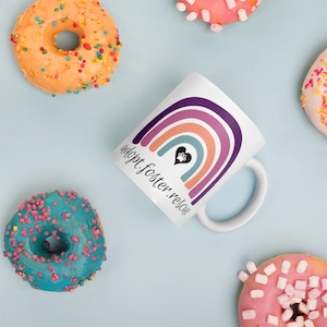 Adopt Foster Rescue White Glossy Mug, Dog Lover Mug, Cat Foster Mom Coffee Cup, Shelter Volunteer Gift, Saving Pets, Rainbow Paw Heart
