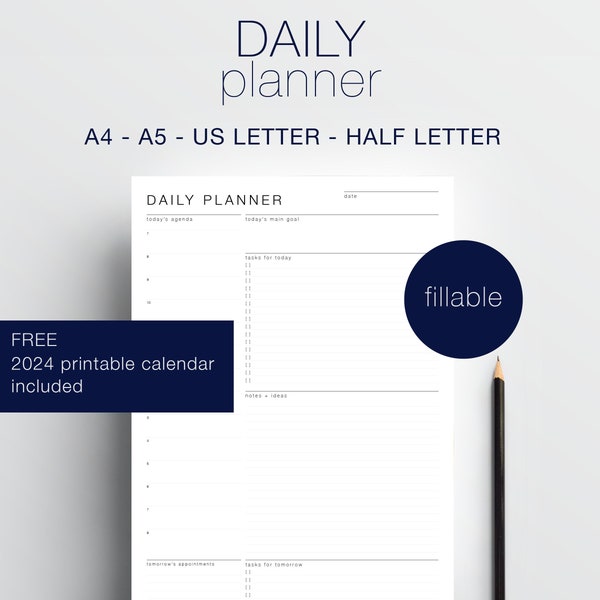 DAILY PLANNER template:  Minimalist daily planner - One page - fillable PDF - A4 - Letter - Half Letter - A5