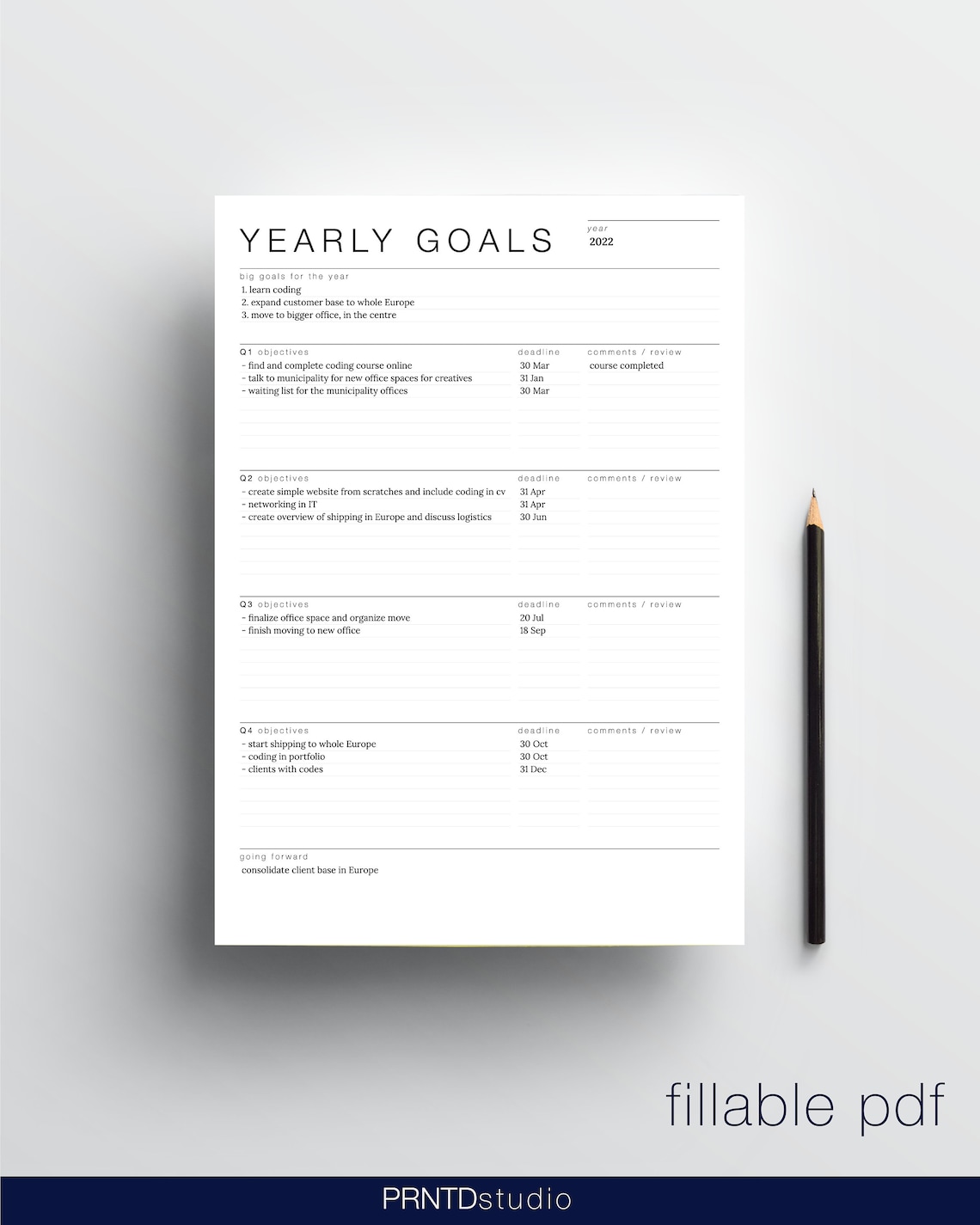 YEARLY GOALS Template Quarterly Goals Side Hustle, Small Business
