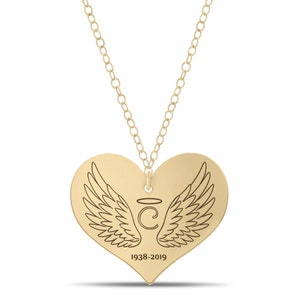 Angel Wing Memory Heart Necklace, Gold Filled or Sterling Silver Engraved Charm Remembrance Pendant Necklace