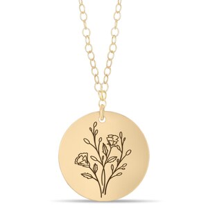 Engraved Wild Flower Gold Filled Chain Necklace - Sterling Silver Circle Floral Bouquet Necklace