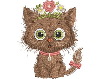 Floral Cat Embroidery Cute Kitten with Flower Crown Embroidery Design – Big Eyes Cat Stitch – 7 Sizes – Digital Download