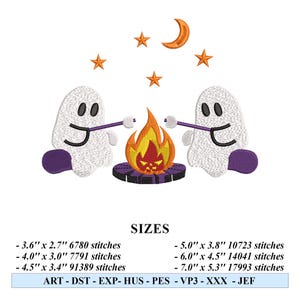 Joli motif de broderie fantôme feu de camp, fichier numérique de broderie Halloween - motif de point fantôme effrayant pour sweat-shirts et sacs