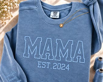 Embroidered Dad Mama Comfort Colors Sweatshirt, Personalized Kid Name on Sleeve, Long Sleeve Shirt or Tshirt Gift for Mom, MADE IN USA