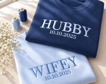 Custom Wifey Hubby Embroidered Sweatshirt Hoodie Matching, Wedding Gifts