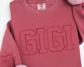 Custom Mama Sweatshirt Embroidered With Kid Name On Sleeve Comfort Colors Sweatshirt Tshirt Embroidered New Grandma Gift