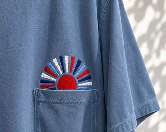 Patriotic Pocket Embroidered Shirt, Minimal USA Sunrise Tee, Comfort Colors 1717 T Shirt, 4th Of July Shirt, Vintage American Summer Tee