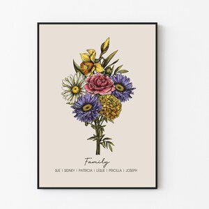 May include: A beige background with a bouquet of flowers in shades of yellow, white, purple, and pink. The flowers are arranged in a vase with the word "Family" written below the vase. The names Sue, Sidney, Patricia, Leslie, Priscilla, and Joseph are listed below the word "Family".