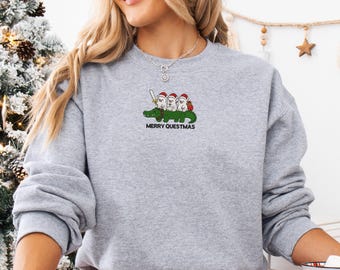 Christmas Pig Riding Alligator Embroidered Sweatshirt, Merry Questmas Hoodie, Funny Animal Christmas Gift, Holiday Crewneck, Pig Lover Gift