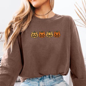 Halloween Shirt Embroidered Pumpkin Cat Comfort Colors Tee Embroidered Pumpkin Outline T-Shirt, Minimal Fall Long Sleeve Top, MADE IN USA