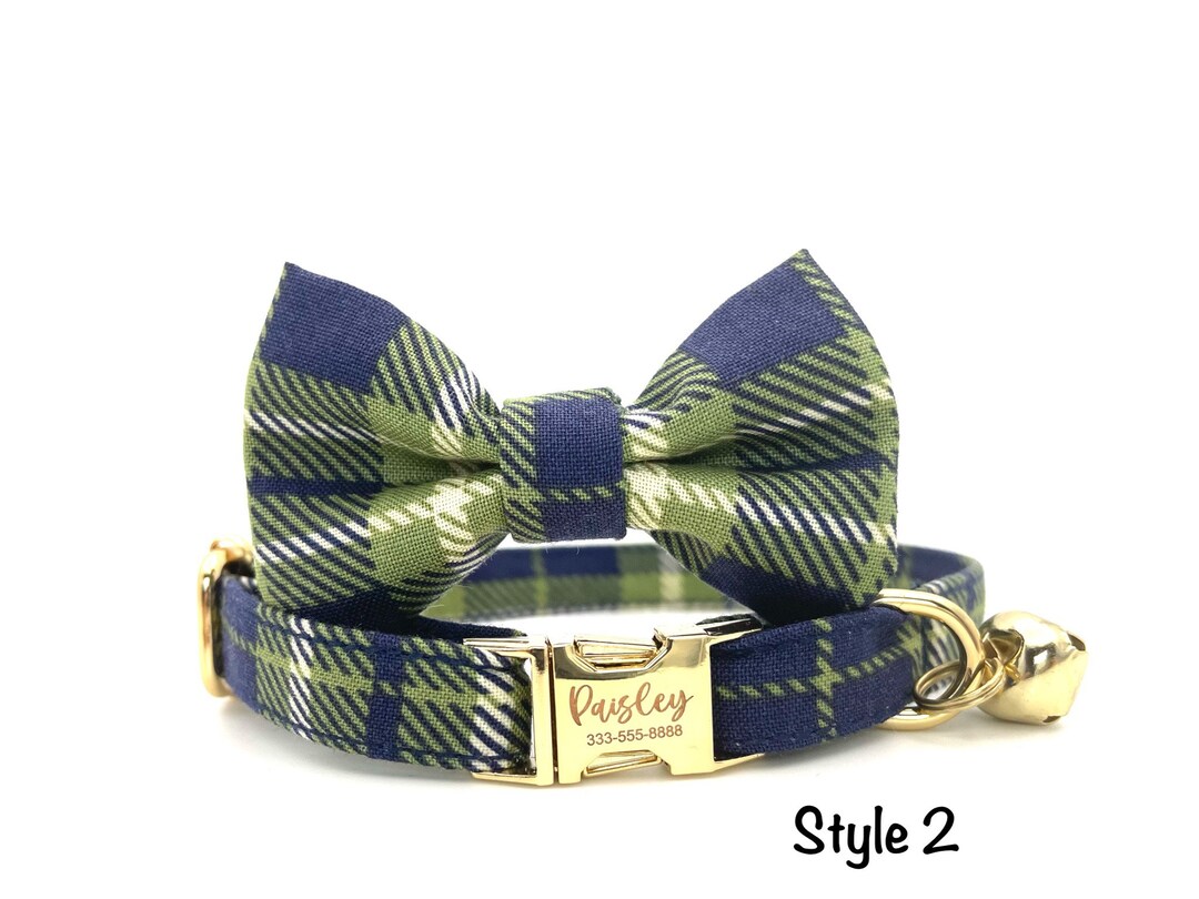 Cat Collar Personalised, Black Green Plaid Cat Collar, Laser Engraved Metal Buckle Collar non