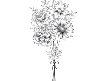 May include: A black and white line drawing of a bouquet of flowers. The bouquet includes carnations, daisies, and daffodils. The flowers are tied together with a ribbon.