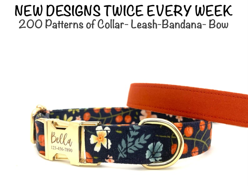 Personalized Dog Collar, Cat Collar, Laser Engraved Metal Buckle Wedding Collar, Orange Teal Peach Floral Dog Collar, Christmas Dog Collar 