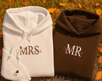 Custom Mrs. Embroidered Sweatshirt, Date On Sleeve, Hubby Wifey, Gift For Bride, Future Mrs. and Mr. Hoodie, Engagement Gift, Bride To Be