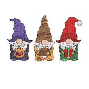 May include: Three gnomes, each dressed for a different holiday. The gnome on the left is wearing a purple hat and holding a jack-o-lantern. The gnome in the middle is wearing a brown hat and holding a turkey. The gnome on the right is wearing a red hat and holding a gift.