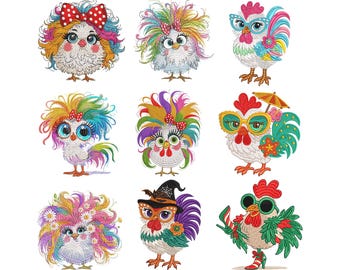 9 Funny Crazy Chicken Embroidery Design Bundle 9 Floral Chicken Machine Embroidery File, Cute Chicken Machine Embroidery, Instant Download