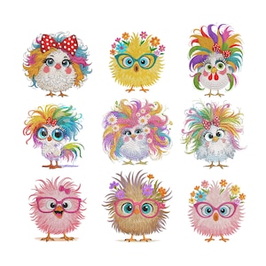 May include: Nine colorful cartoon chicks with different hairstyles and accessories. Each chick has a different colored beak, eyes, and feathers. Some chicks have flowers in their hair, while others have bows or ribbons. The chicks are all smiling and looking happy.