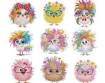 9 Funny Crazy Chicken Embroidery Design Bundle of 9 Floral Chicken Machine Embroidery File, Cute Chicken Machine Embroidery Instant Download