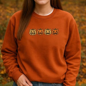 Halloween Shirt Embroidered, Pumpkin Comfort Colors Tee Pumpkin Cat Face Outline T-Shirt, Minimal Fall Long Sleeve Shirt, MADE IN USA