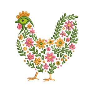 Funny Chicken Embroidery Design, Floral Country Chicken Machine Embroidery File, Farmhouse Spring Summer Decor, Rustic Barnyard Pattern