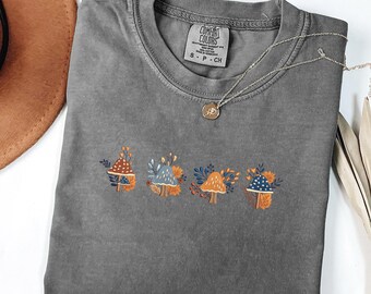 Mushroom Shirt Embroidered Comfort Colors Tshirt Mushroom With Berry and Autumn Leaves, Thanksgiving Vibes Sweatshirt Embroidered
